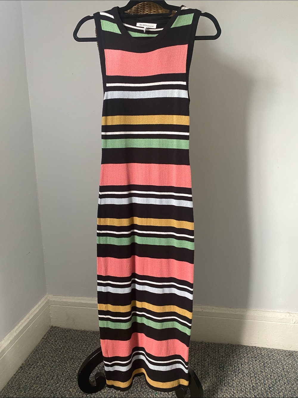 BCBGeneration Striped Sleeveless Maxi Dress in Coral, Black, Mint & Gold